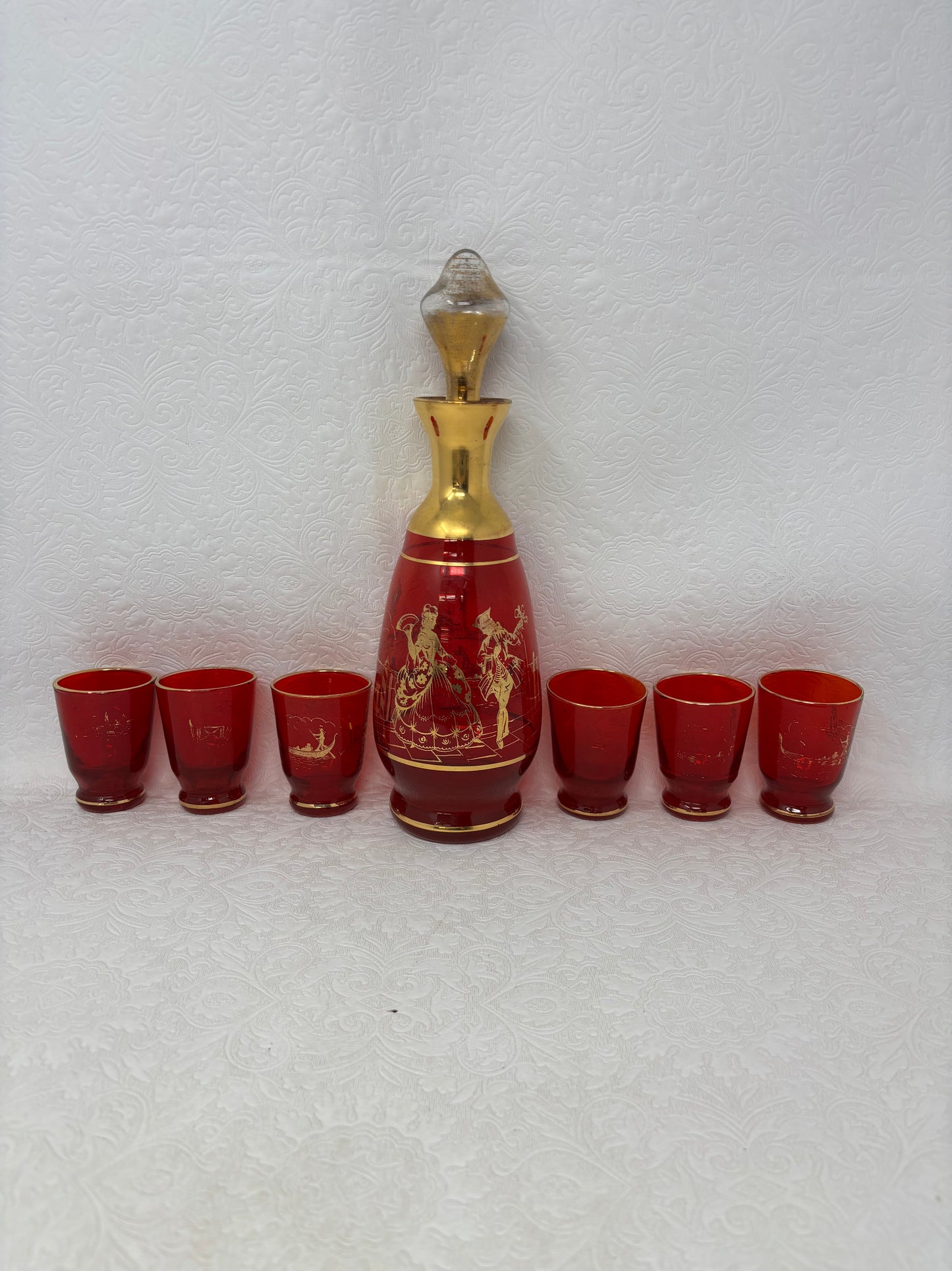 Vintage Red Glass Decanter & Glasses