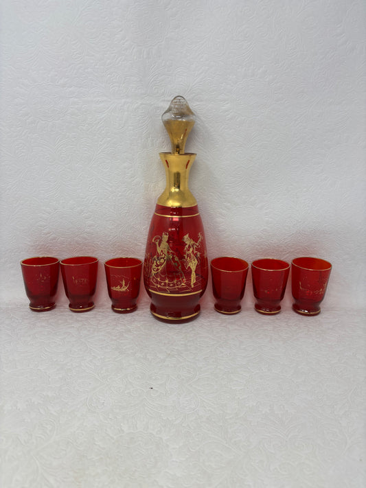Vintage Red Glass Decanter & Glasses