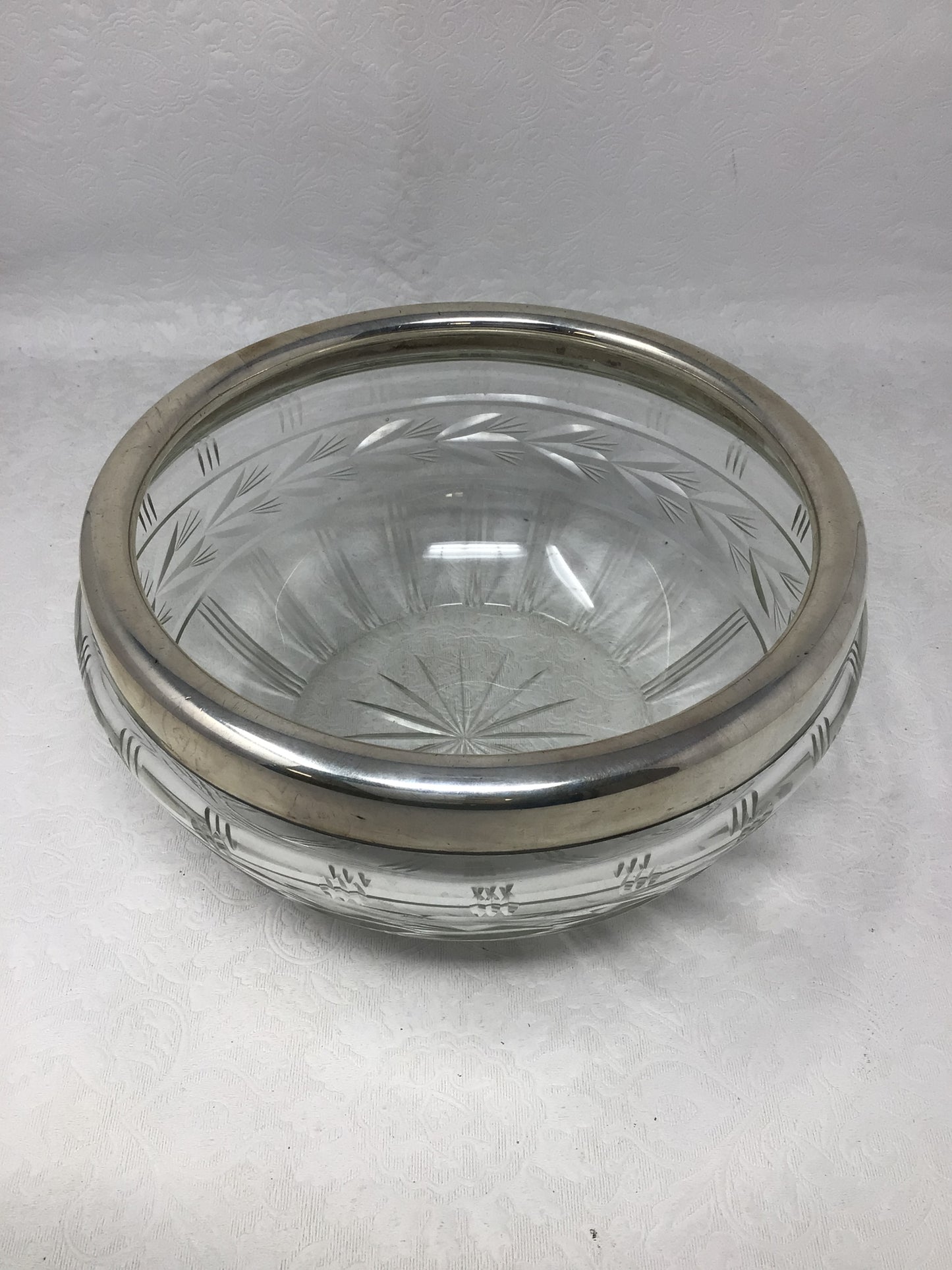 Vintage Cut Glass Bowl with Metal Rim