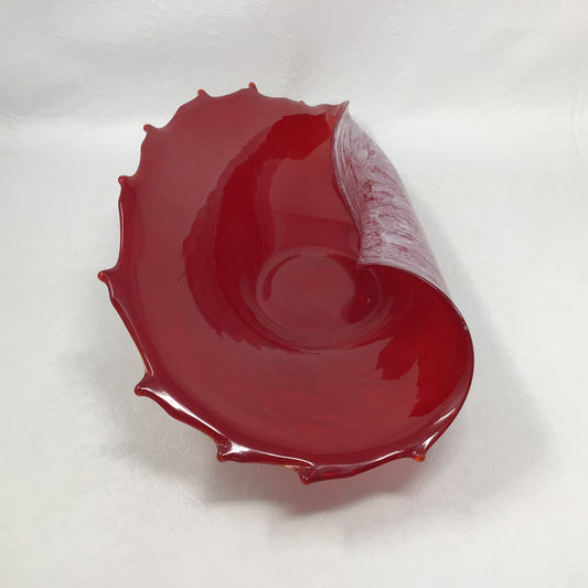 Art Glass Ruby Red White Opalescent Shell Console Bowl