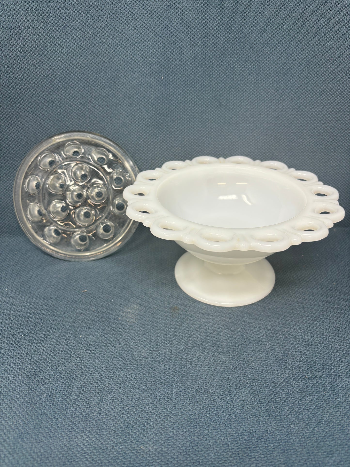 Vintage Anchor Hocking Open Lace Edge Milk Glass Compote