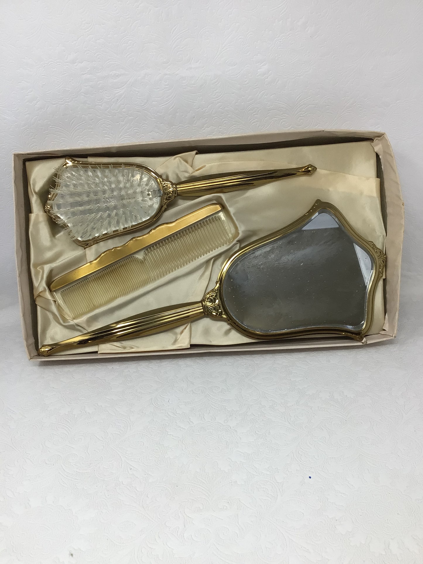 Vintage Gemlite Floral Mirror, Comb and Brush Set