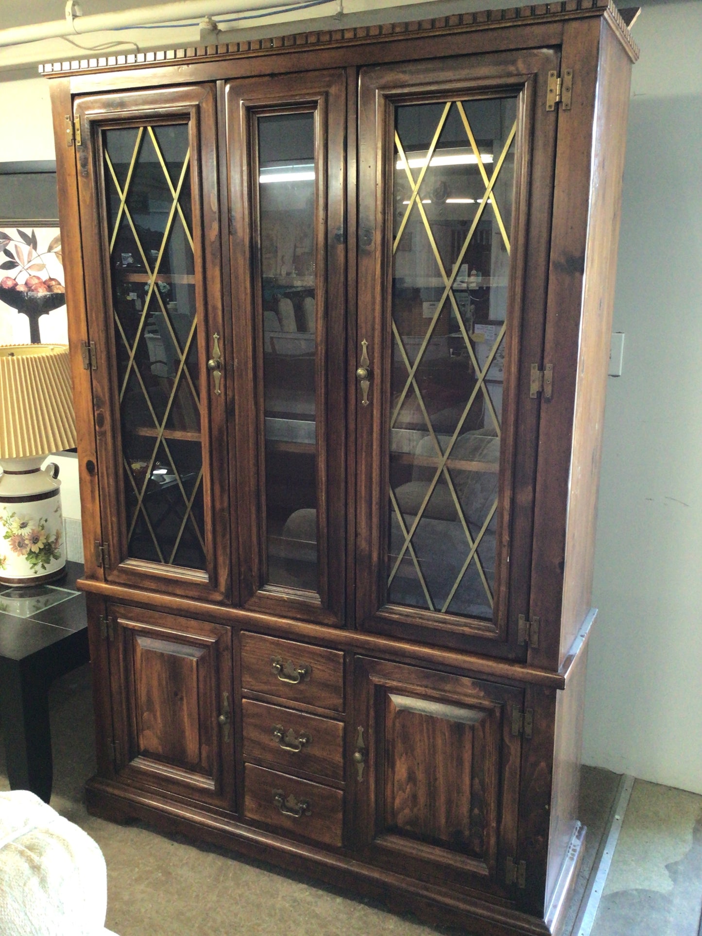Vintage 1970s Wood China Cabinet Hutch