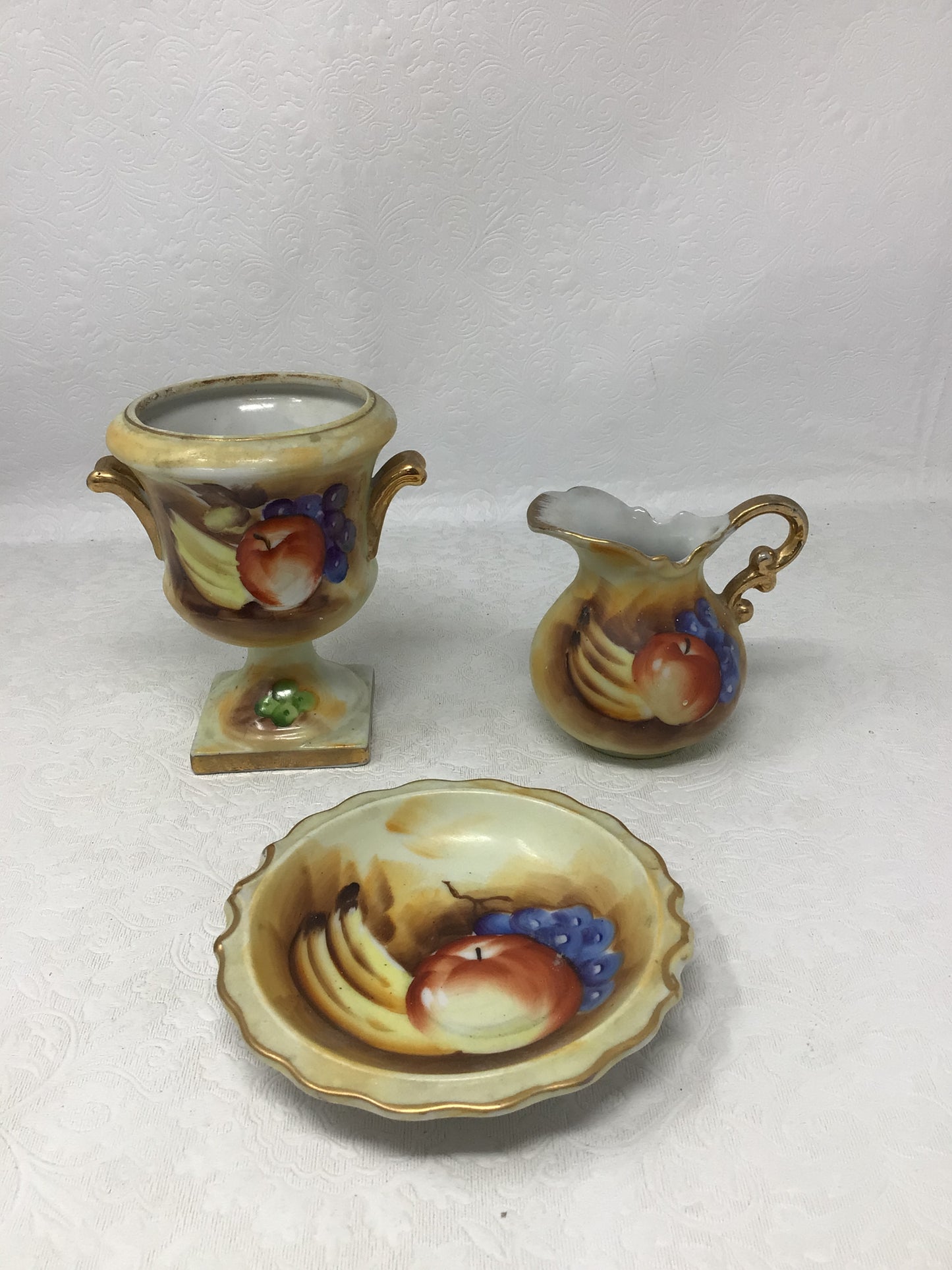 Enesco Fruit Pattern Creamer, Plate, and Urn. Set of 3.