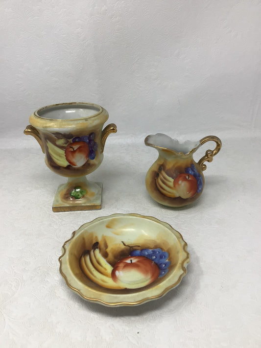 Enesco Fruit Pattern Creamer, Plate, and Urn. Set of 3.