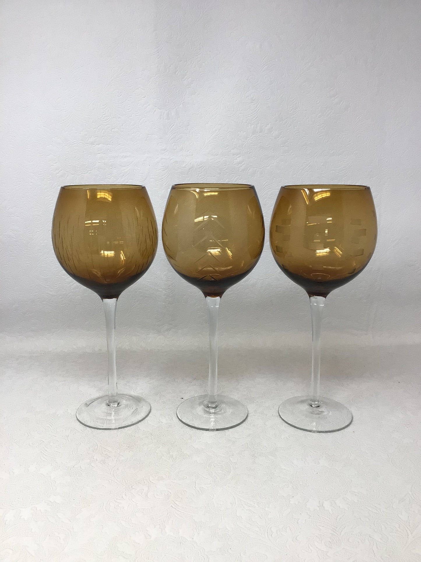 Set of 3 Etched Amber Wine Glasses