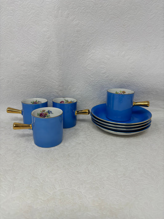 Victoria Czechoslovakia Blue & Gold Set of 4 Teacups & Saucers