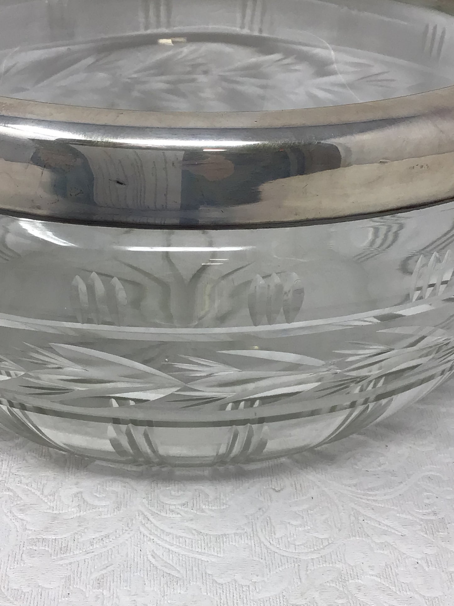 Vintage Cut Glass Bowl with Metal Rim