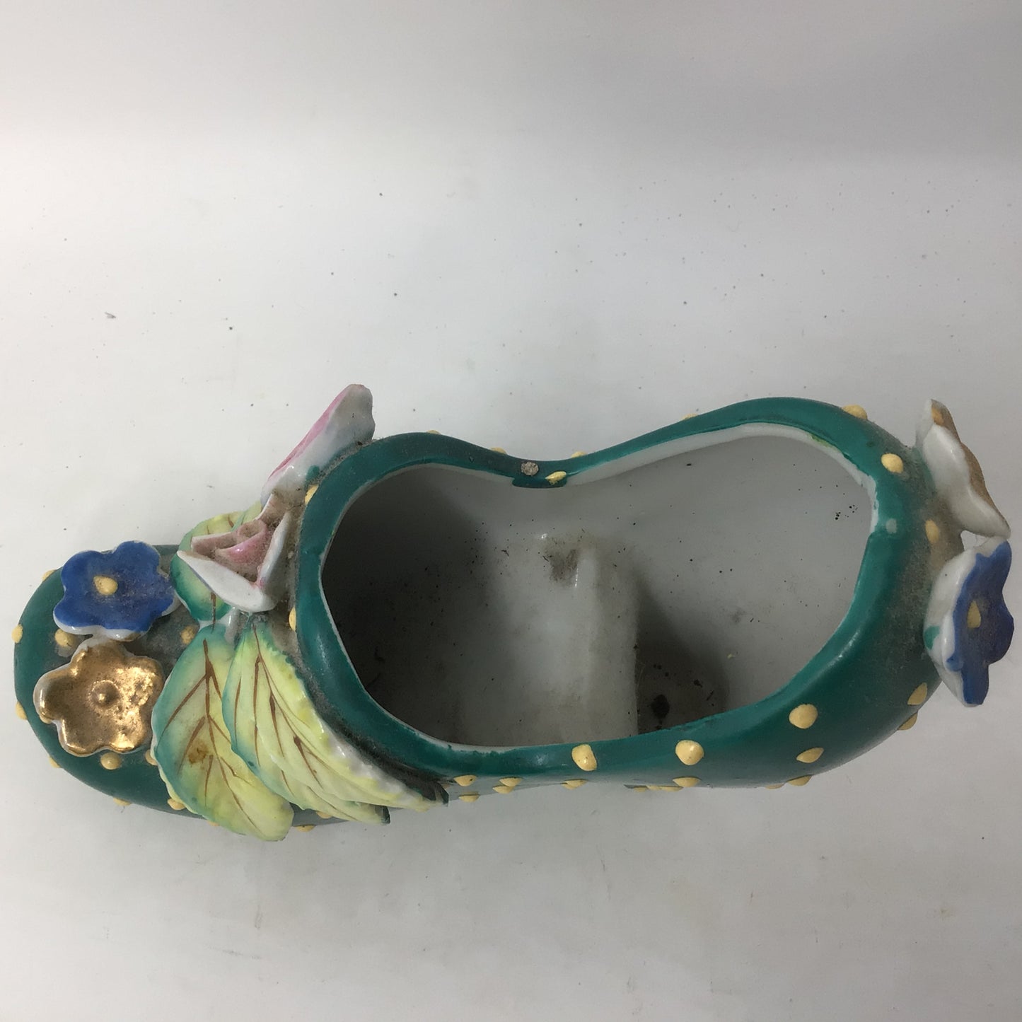Vintage Porcelain High Heel Shoe Green with Raised Polka Dots from Japan.