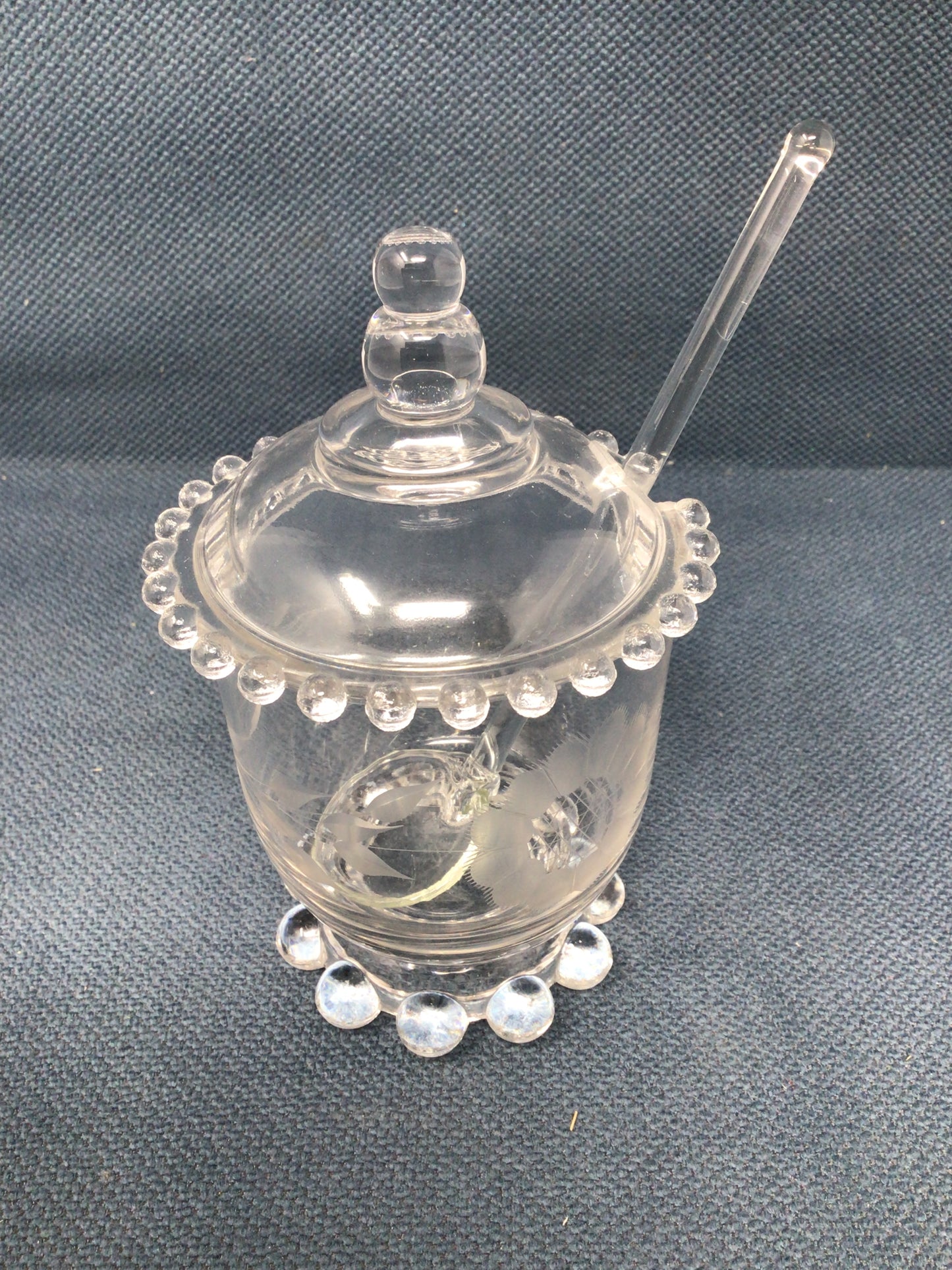 Vintage Imperial Glass Candlewick Jam Jar with Spoon and Sugar Bowl.