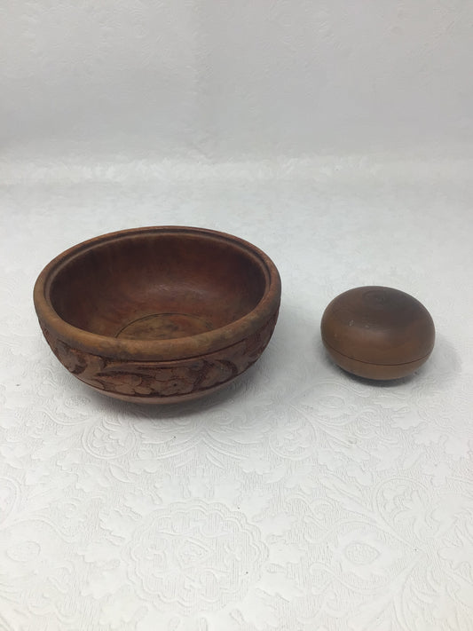 Vintage Hand-Carved Teak Wooden Bowl with Trinket Case
