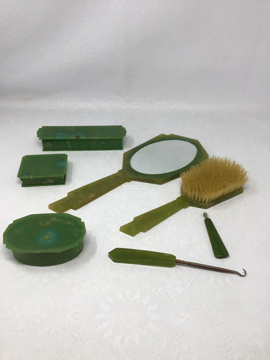Art Deco Green Bakelite Vanity Set of 7
