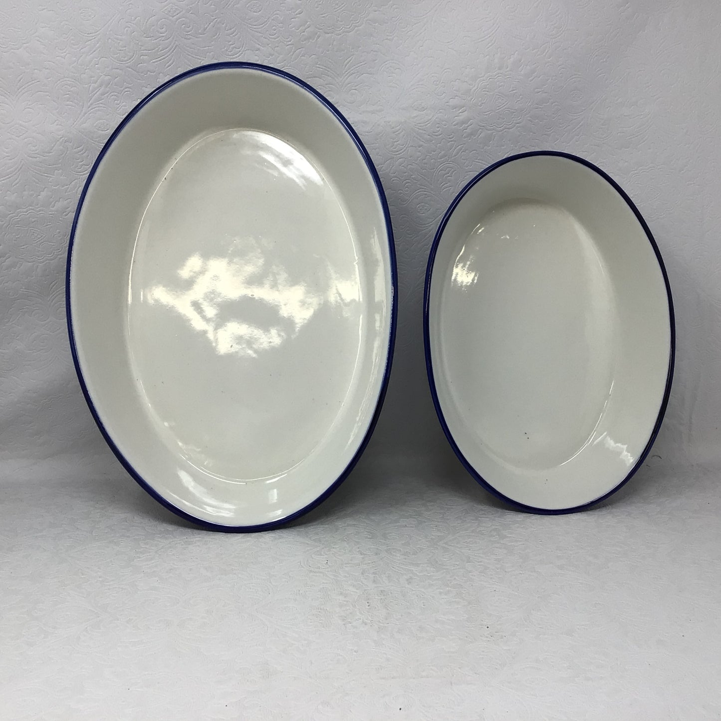 Temp-tations By Tara Ceramic Old World Blue Casserole Dishes And Metal Rattan Serving Basket