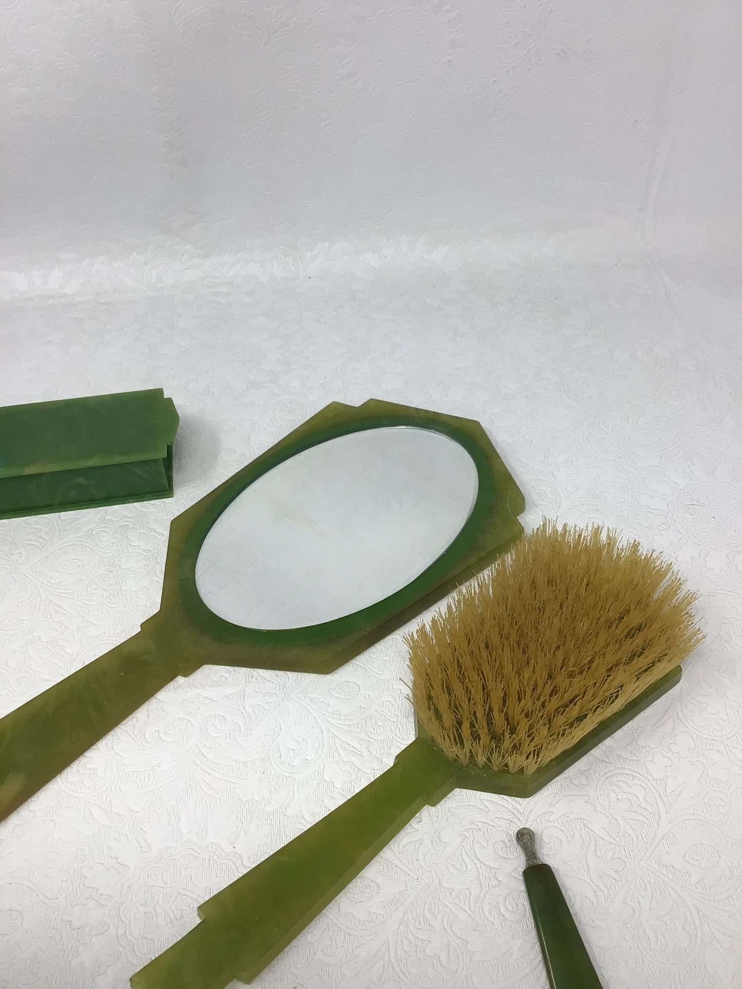 Art Deco Green Bakelite Vanity Set of 7