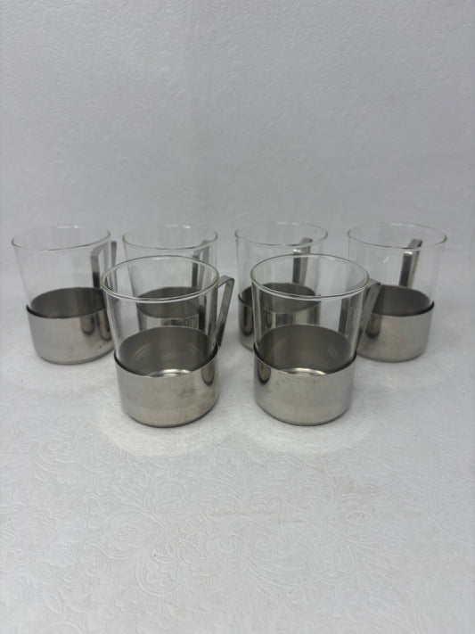 Set Of 6 Stainless Steel & Glass Espresso Cups