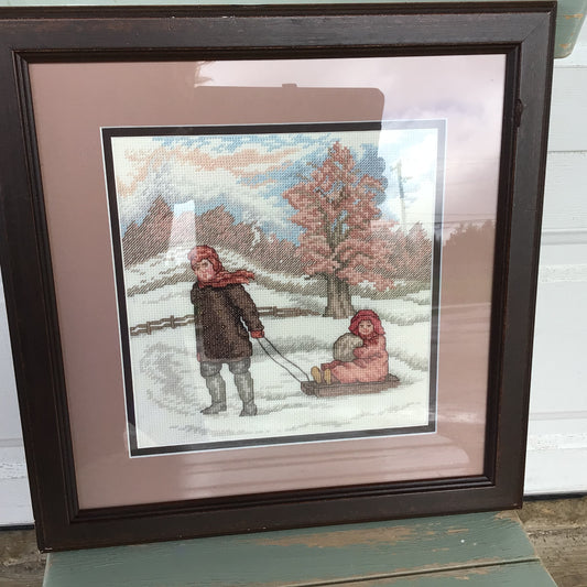 Framed and Matted “Sledding” Cross-Stitch Art