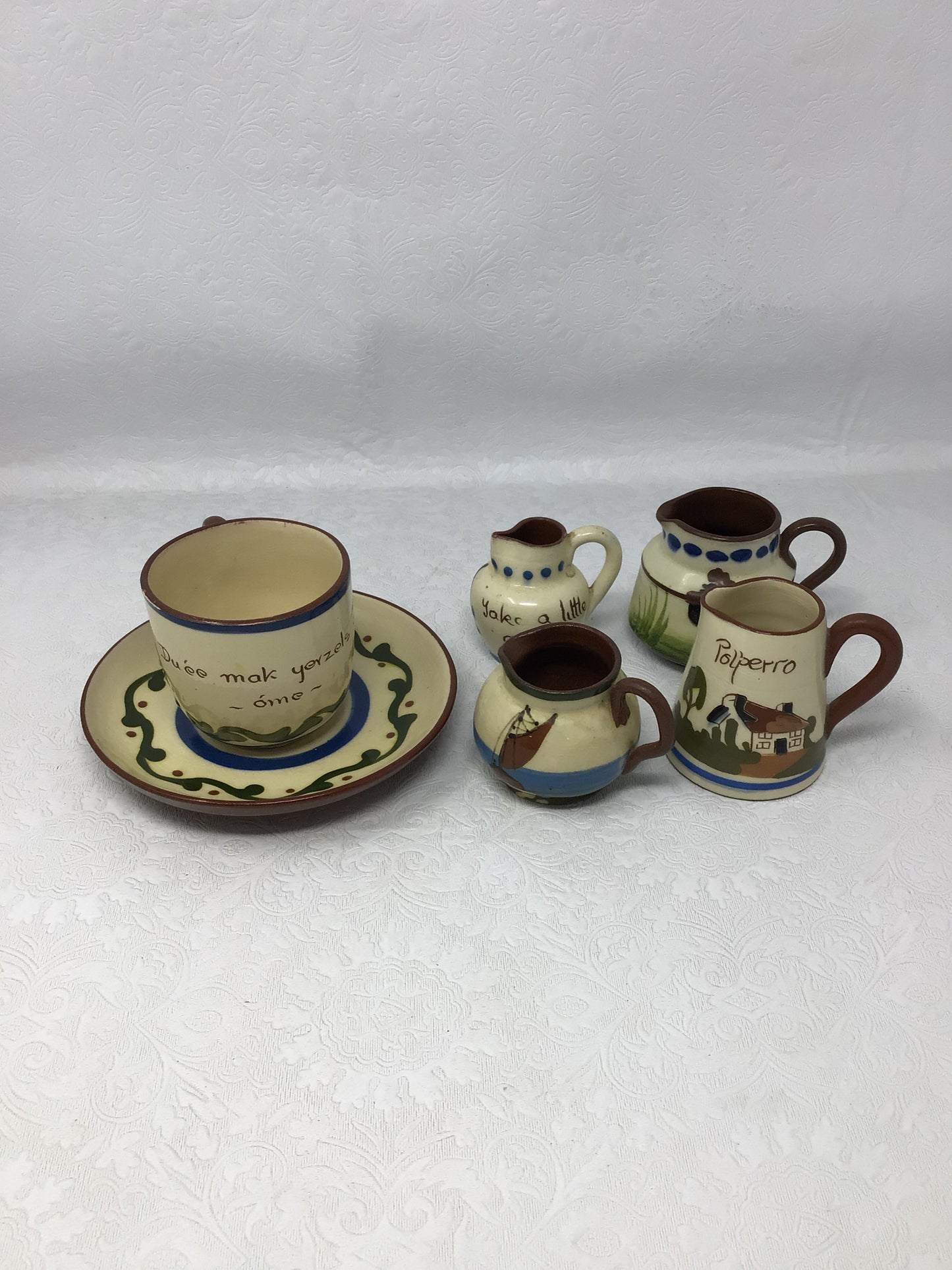 Torquay Motto Ware Teacup and Mini Pitchers