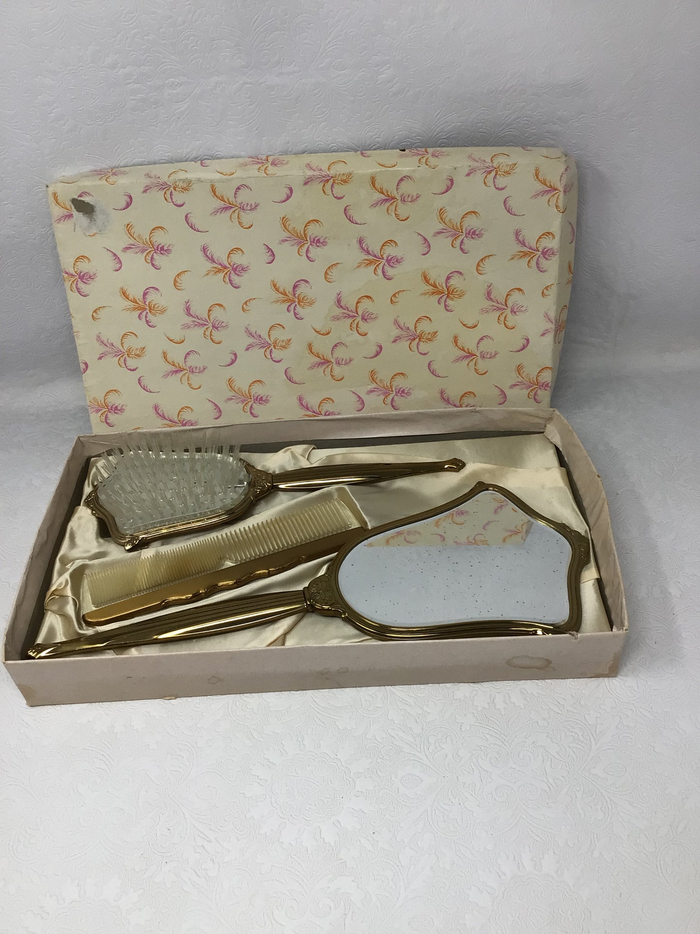 Vintage Gemlite Floral Mirror, Comb and Brush Set