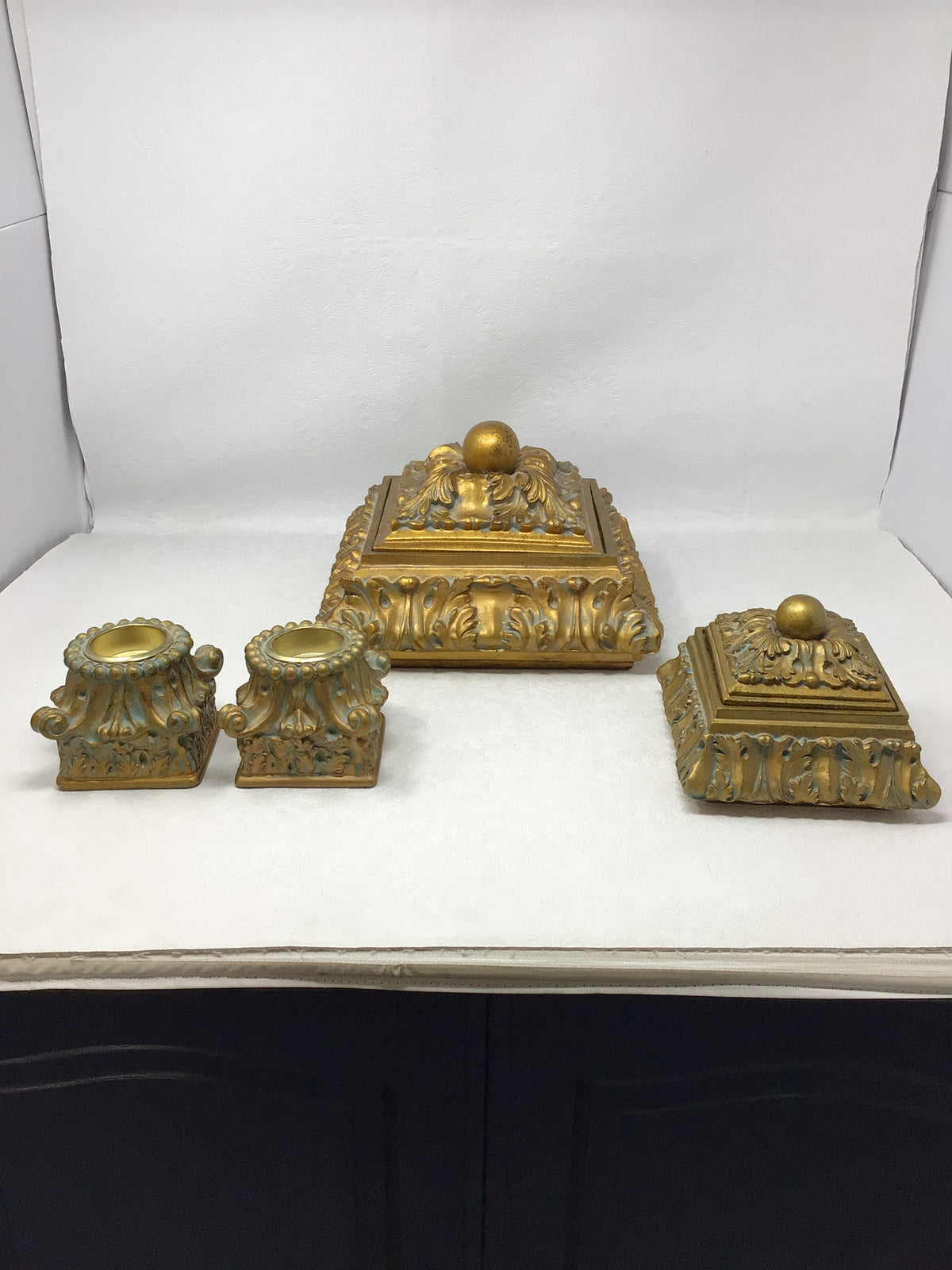 Ornate Gold-Painted and Distressed Decorative Candles and Trinket Boxes