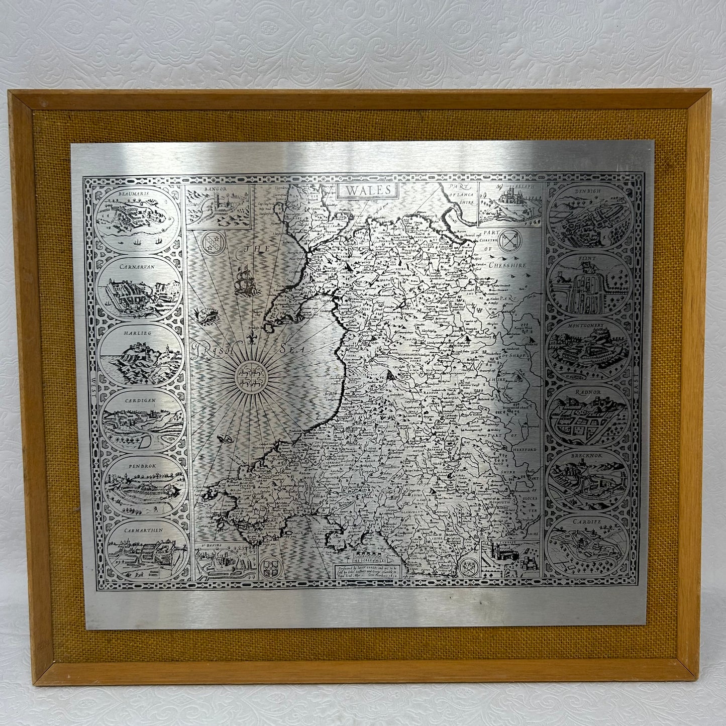 Set of 2 MCM Etched Steel Maps of Britain and Wales