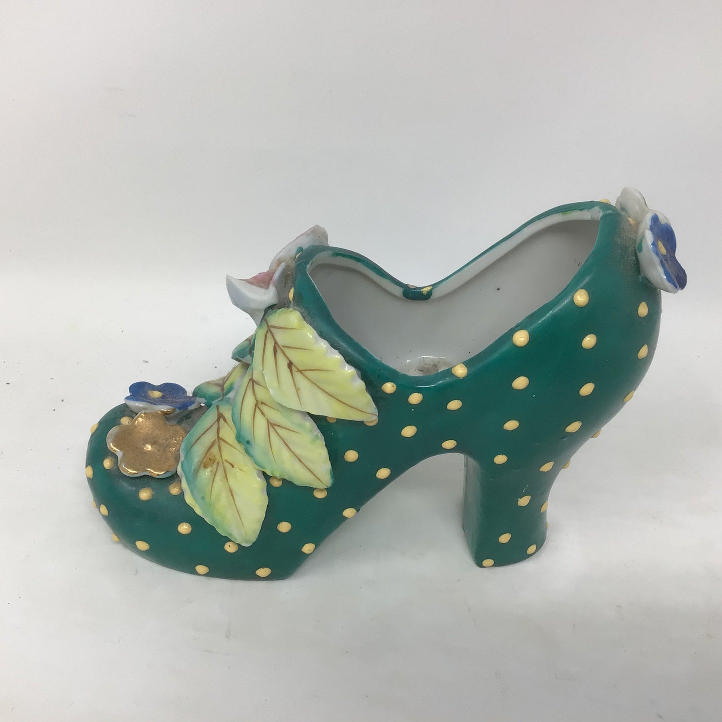 Vintage Porcelain High Heel Shoe Green with Raised Polka Dots from Japan.