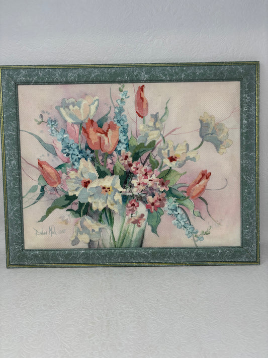 Framed Barbara Mock Signed Needlepoint Bouquet 1987