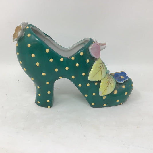 Vintage Porcelain High Heel Shoe Green with Raised Polka Dots from Japan.