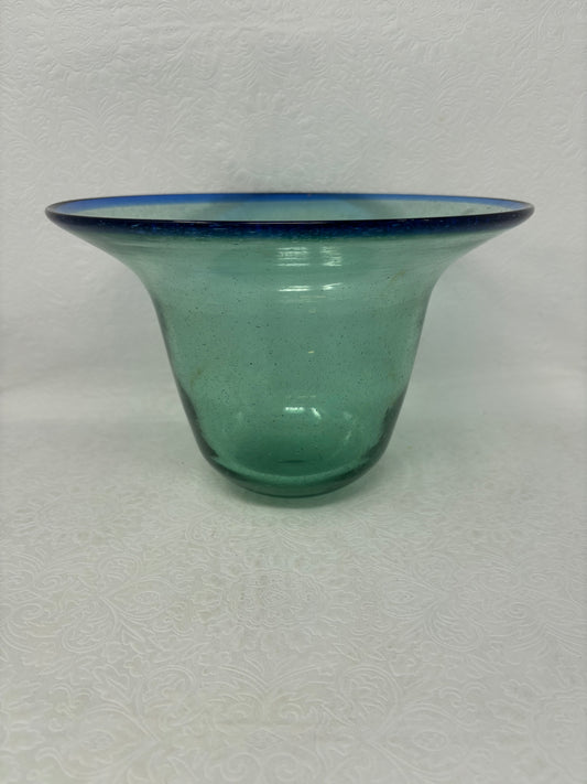 Hand Blown Blue Rimmed Green Vase/Bowl