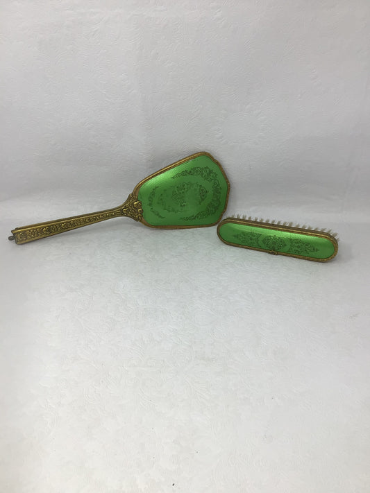 Green and Gold Hand Mirror and Brush