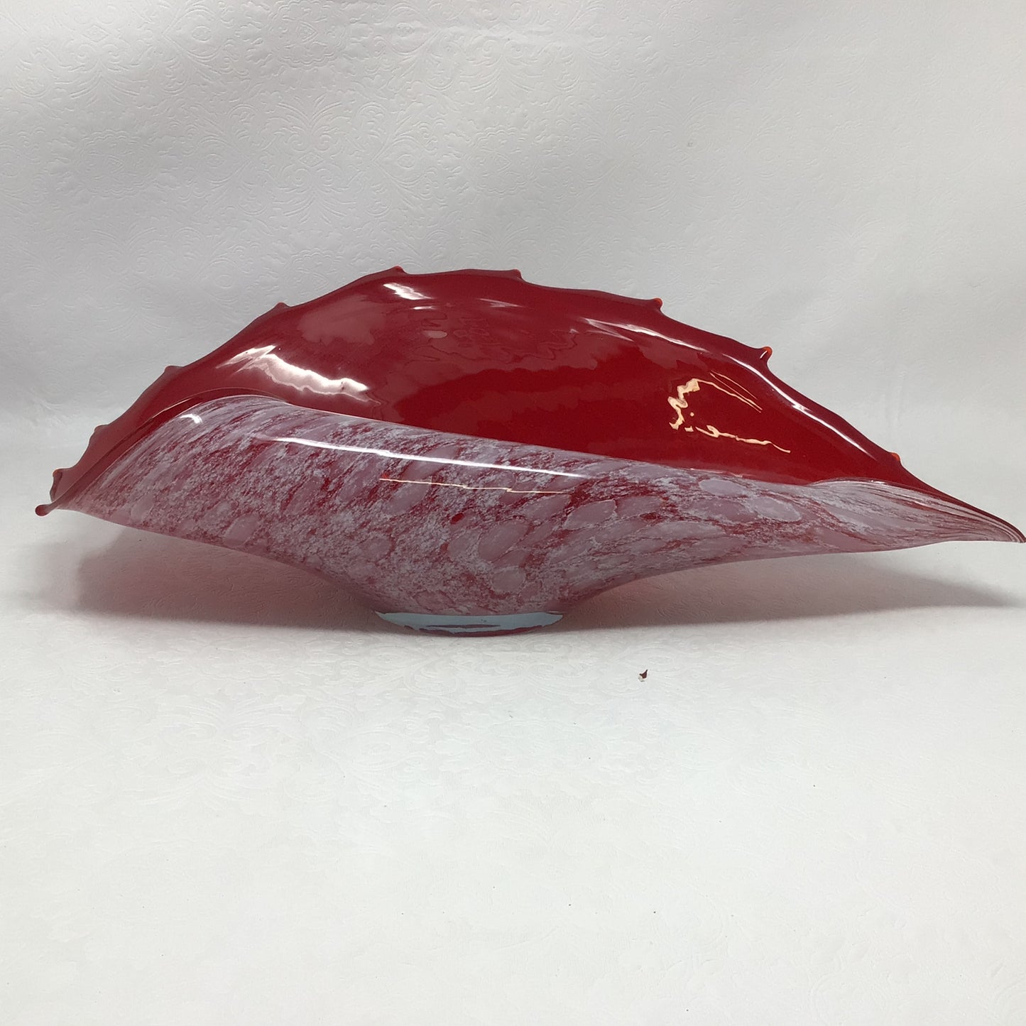 Art Glass Ruby Red White Opalescent Shell Console Bowl