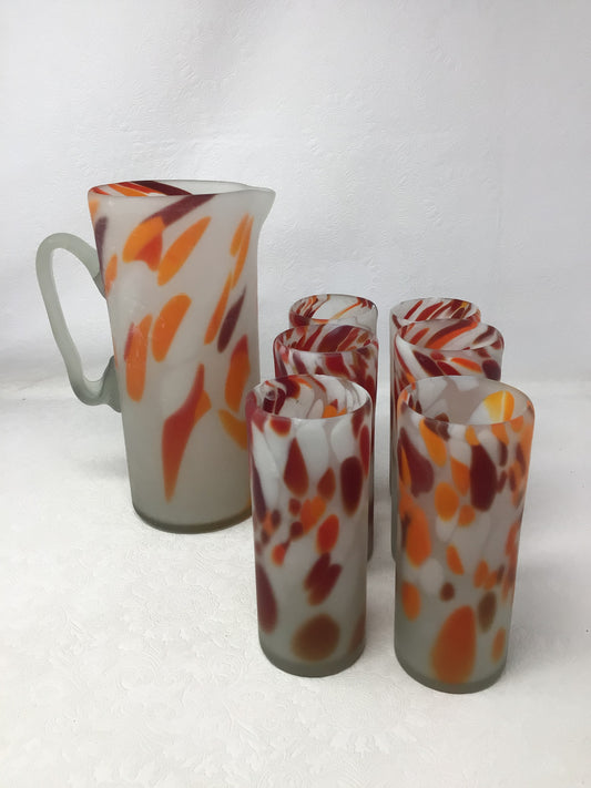 Hand Blown Glass Pitcher + 6 Glasses