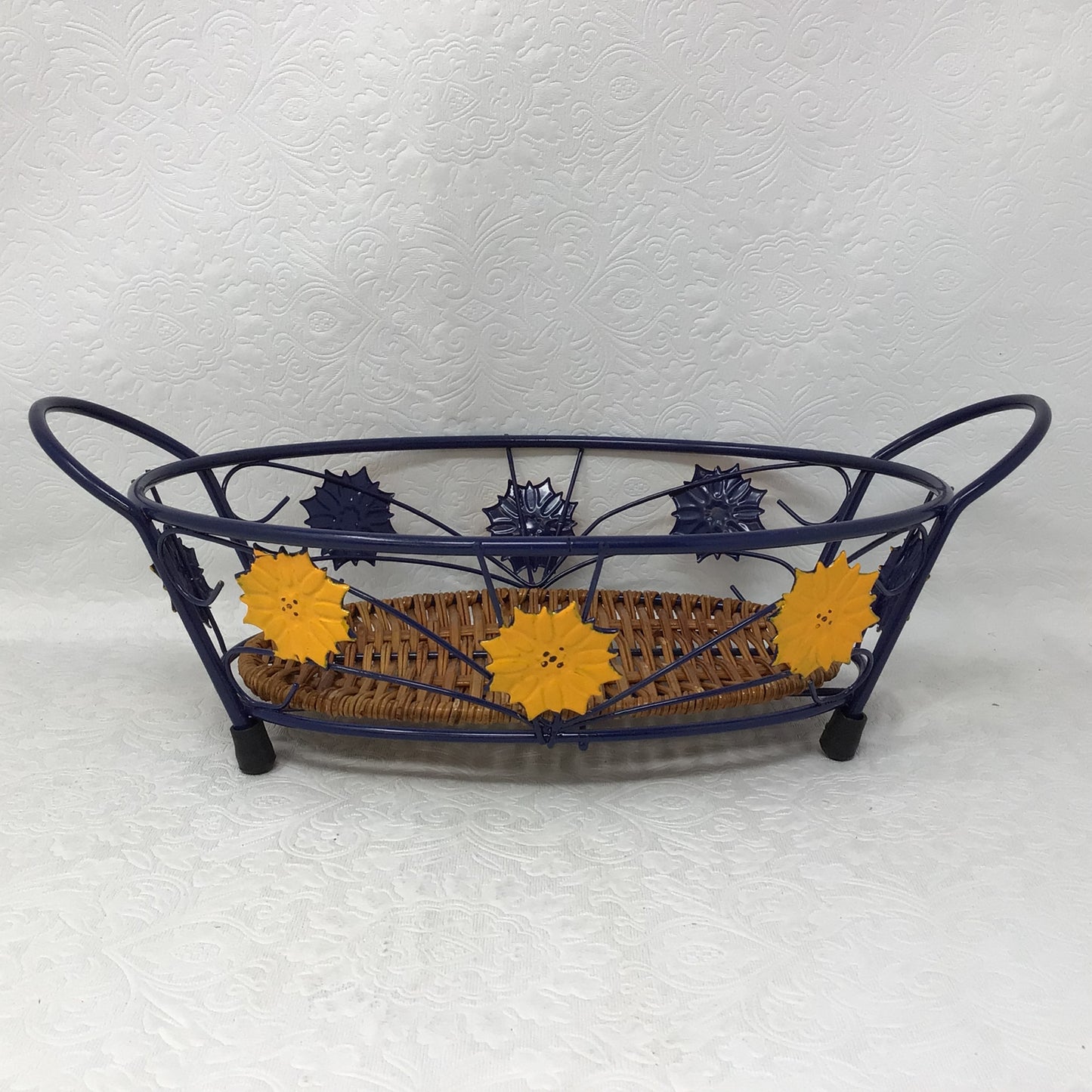 Temp-tations By Tara Ceramic Old World Blue Casserole Dishes And Metal Rattan Serving Basket