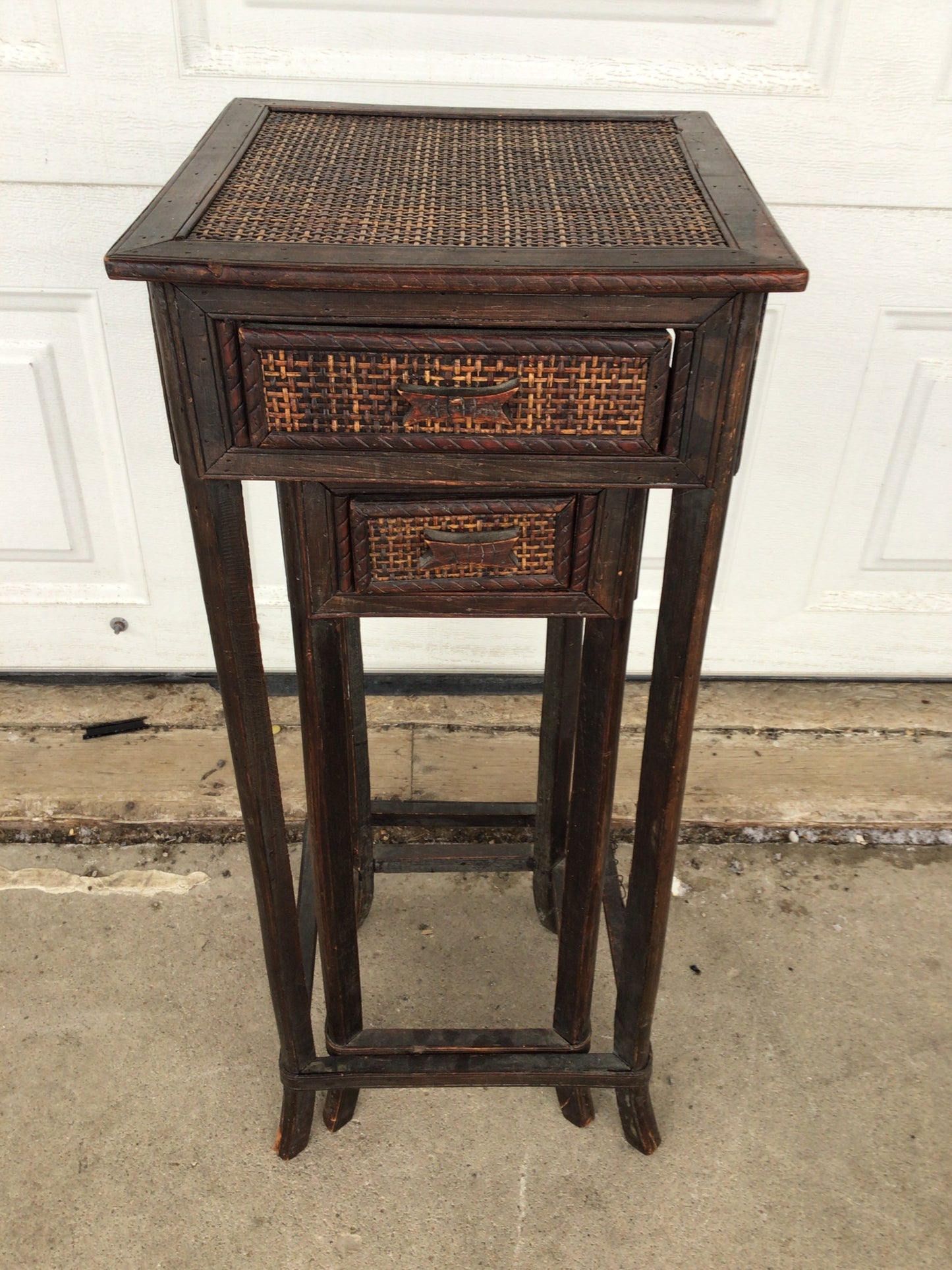 Set of 2 Wood & Woven Rattan Side Tables