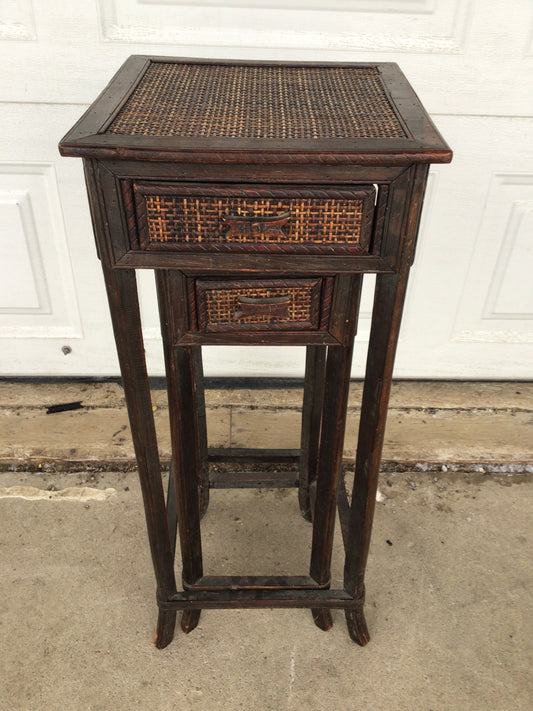 Set of 2 Wood & Woven Rattan Side Tables