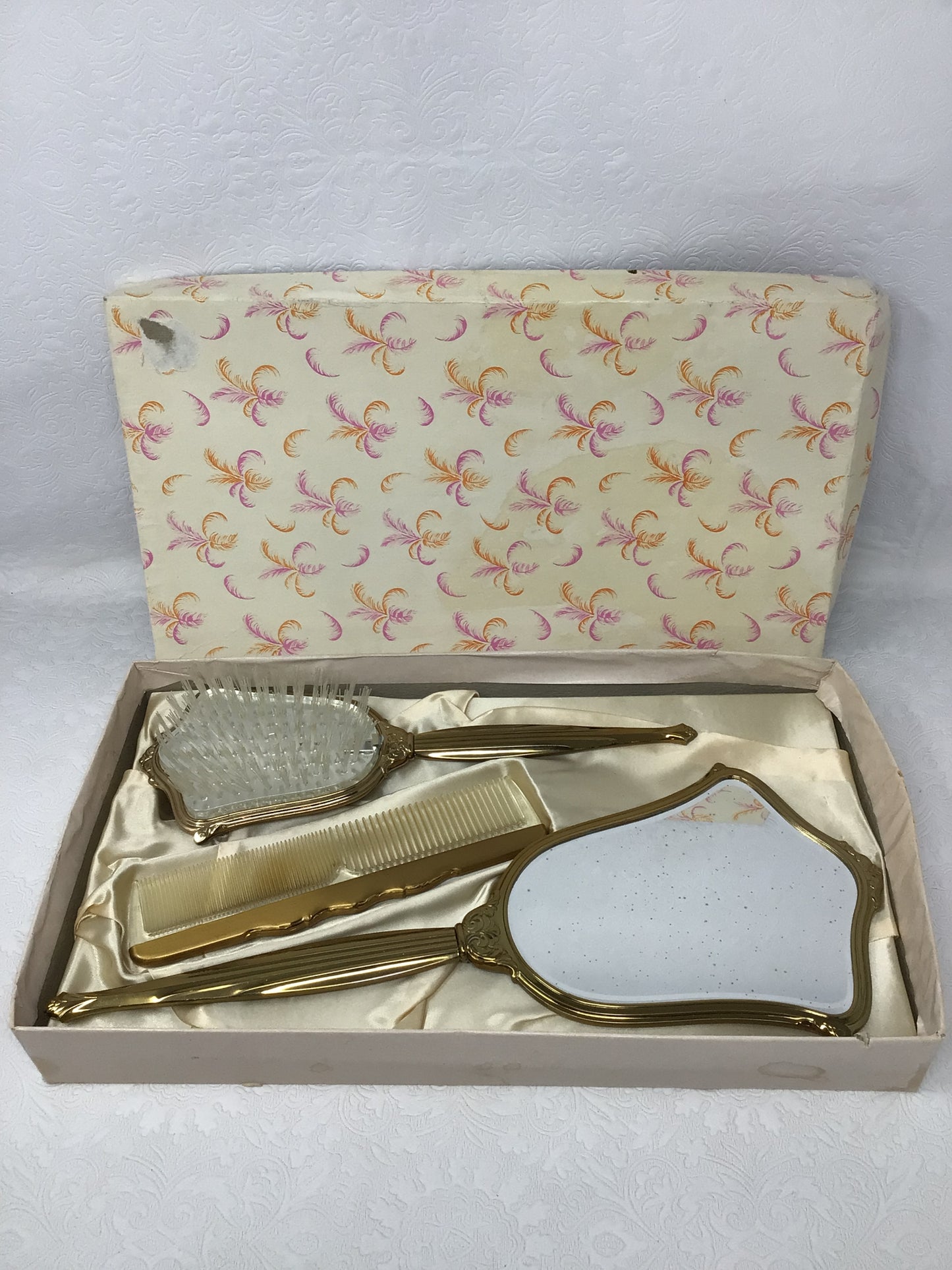 Vintage Gemlite Floral Mirror, Comb and Brush Set