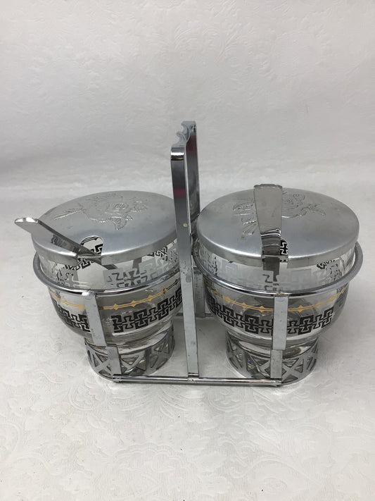 Vintage Libbey Glass Condiment Server Set with Metal Caddy