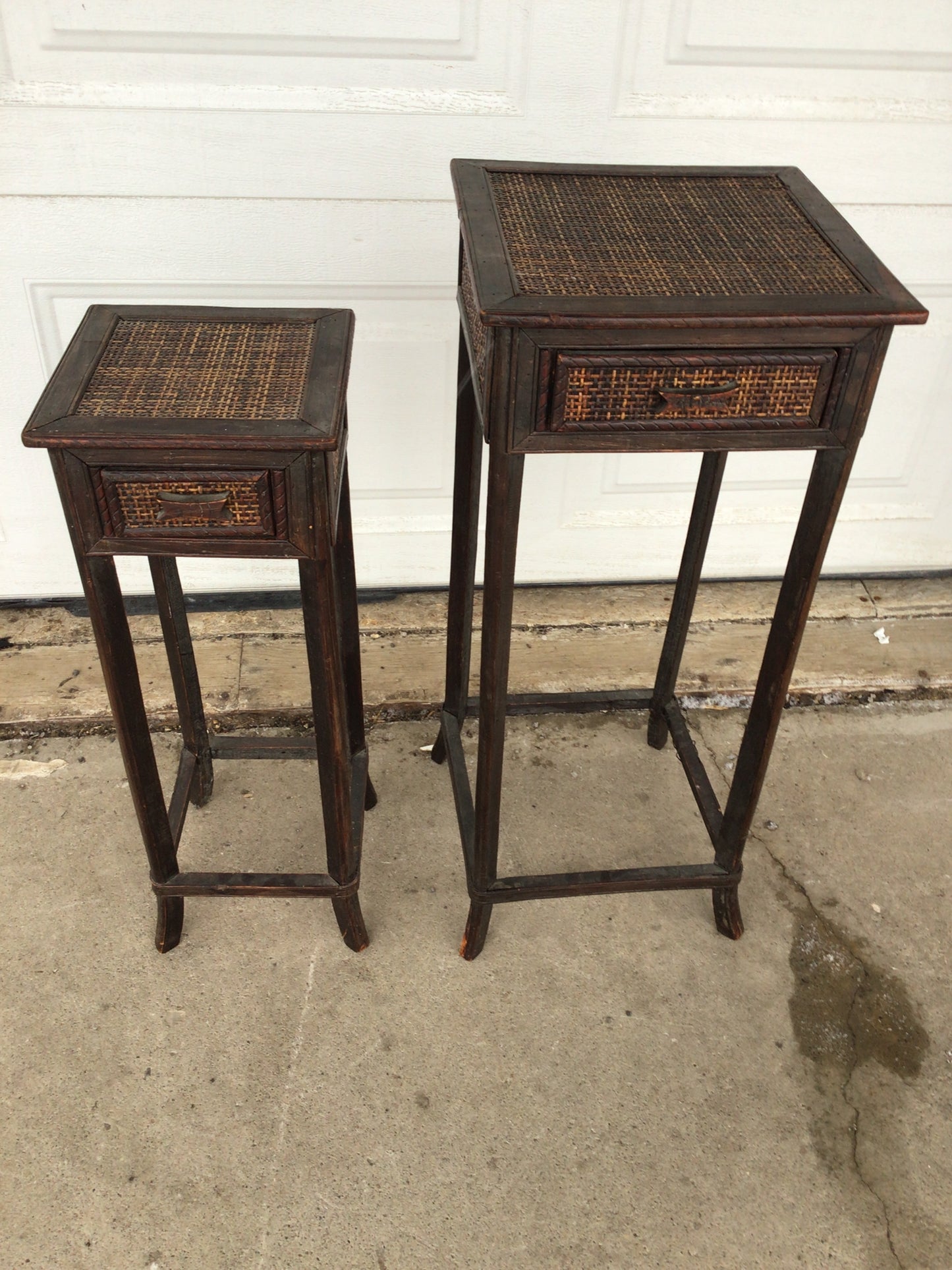 Set of 2 Wood & Woven Rattan Side Tables