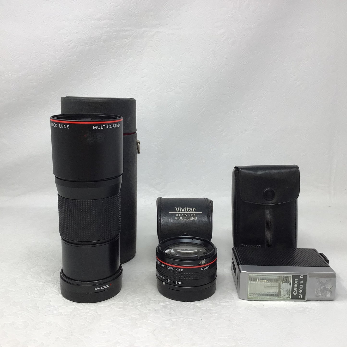 Two Telephoto Video Lenses and Canon Flash