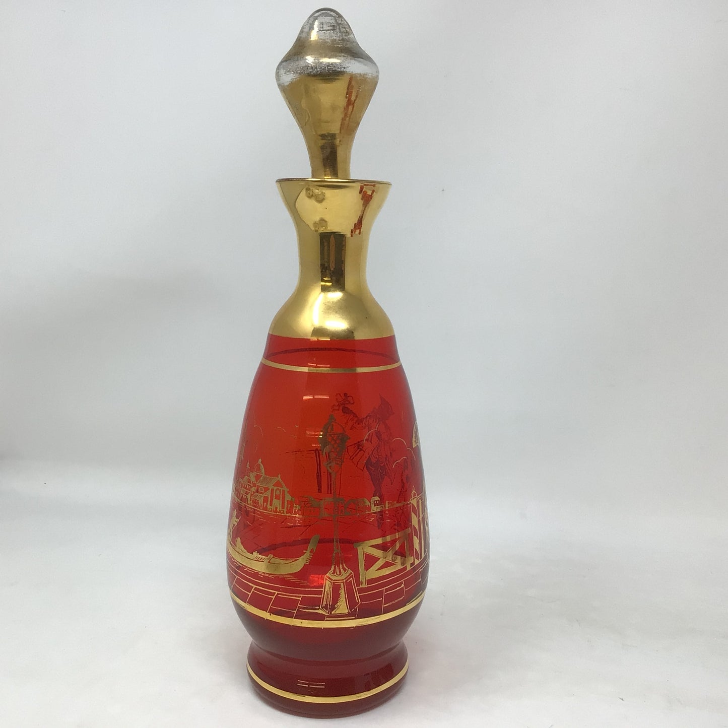 Vintage Ruby Glass Venetian Scene Decanter Set