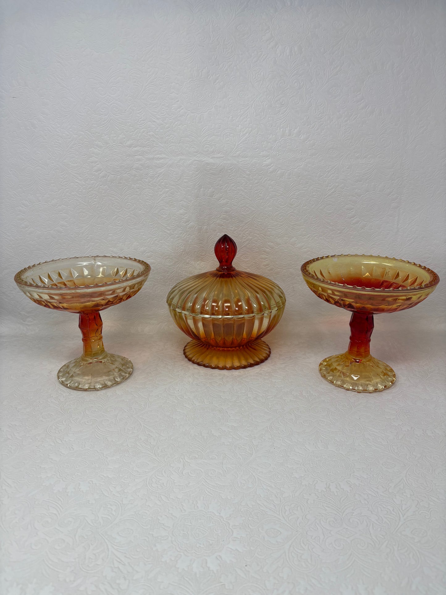 2 Vintage Amberina Glass Pedestal Dishes & Candy Dish