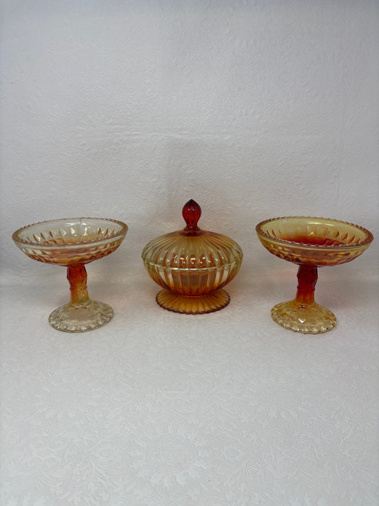 2 Vintage Amberina Glass Pedestal Dishes & Candy Dish