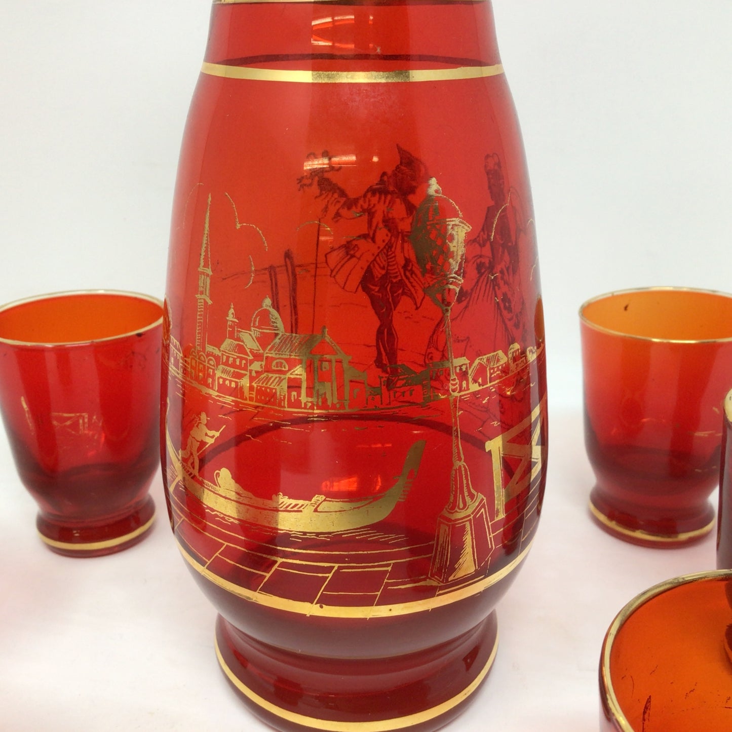 Vintage Ruby Glass Venetian Scene Decanter Set