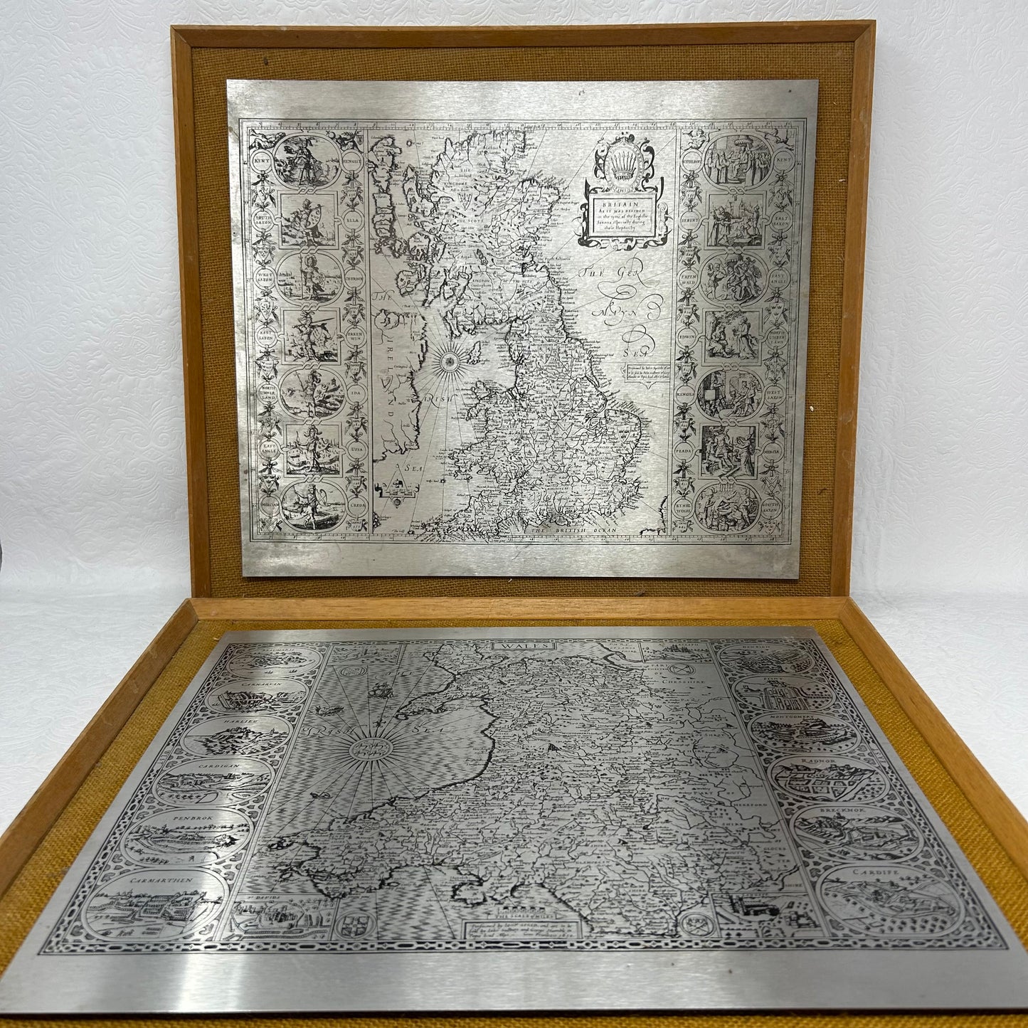 Set of 2 MCM Etched Steel Maps of Britain and Wales