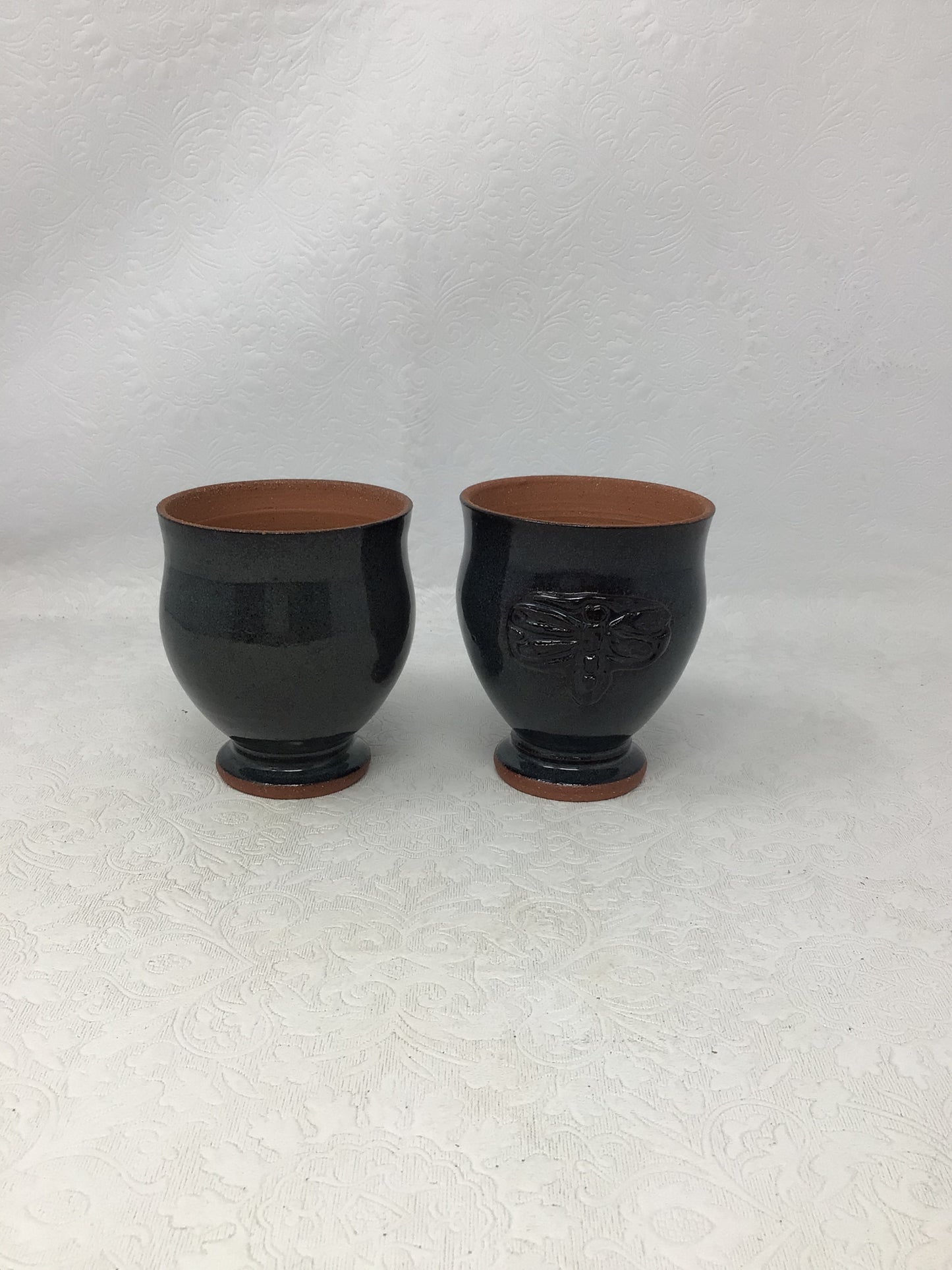 Black-glazed Pottery Set with Embossed Butterfly Pattern, Set of 2