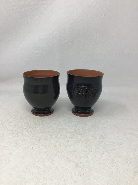 Black-glazed Pottery Set with Embossed Butterfly Pattern, Set of 2