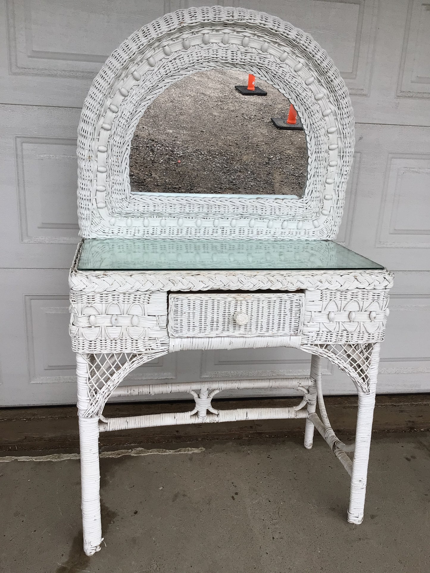 Vintage White Wicker Vanity with Mirror