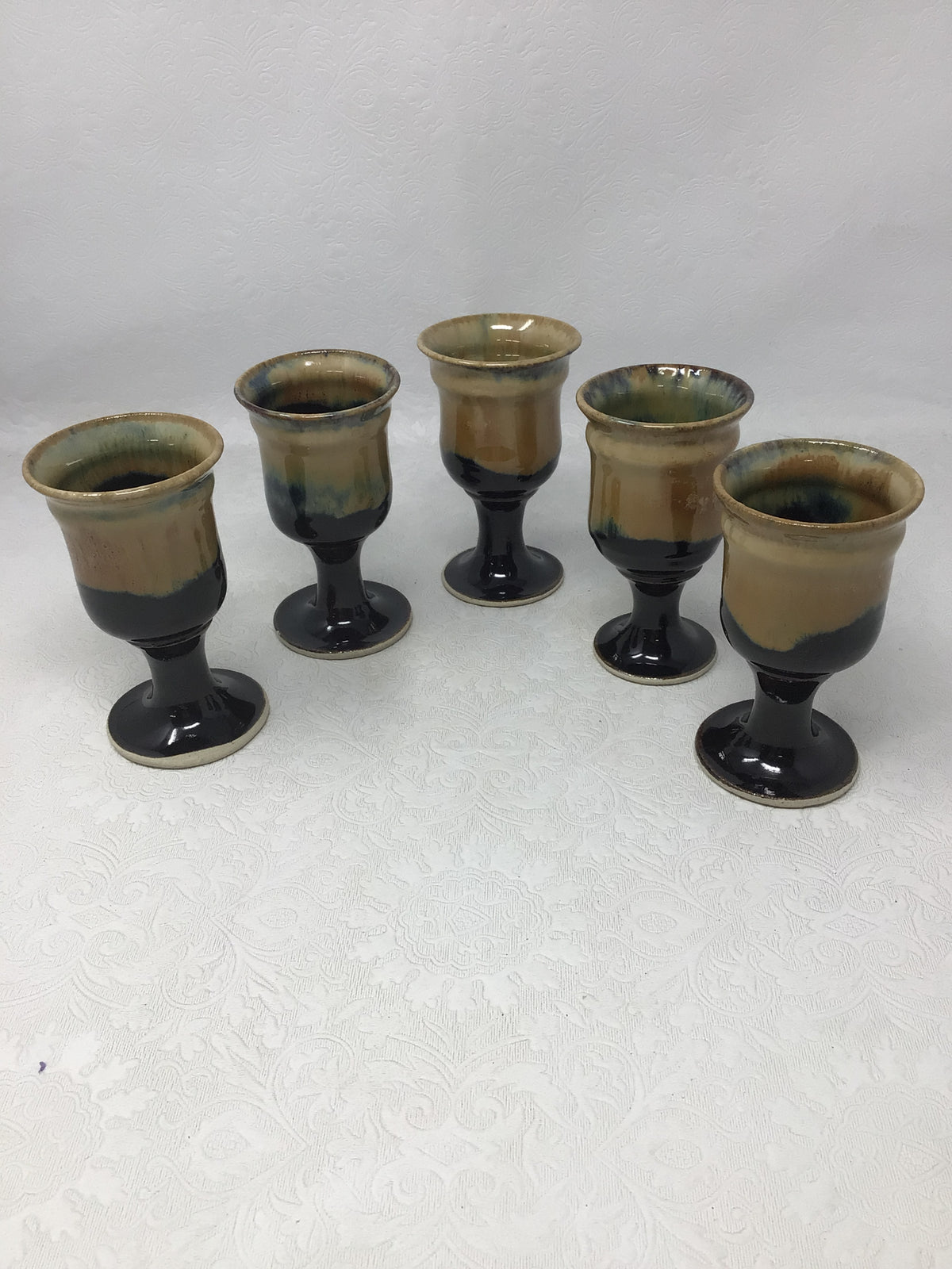 Set of 5 Vintage Hand-thrown Pottery Goblets