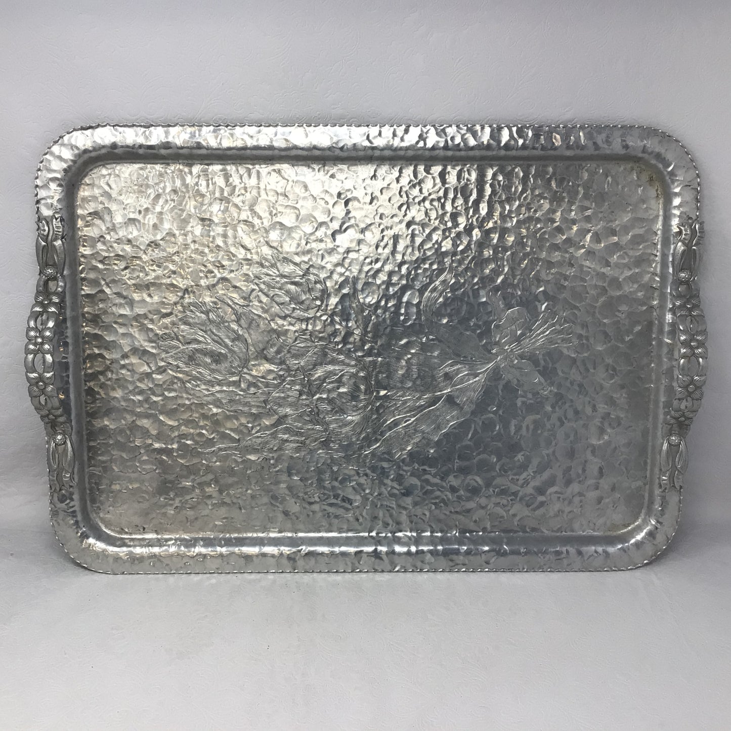 Vintage Hand Wrought Hammered Aluminum Floral Tray - “Rodney Kent Silver 428”