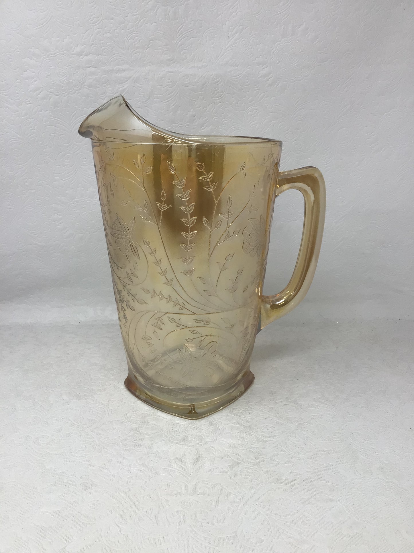 Jeanette Glass “Floragold Louisa” Carnival Glass Pitcher