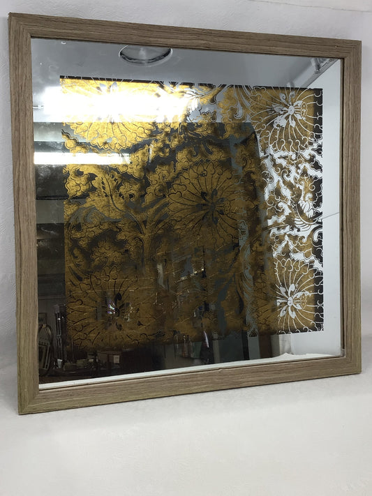 Square Decorative Wall Mirror with Natural Wood-Grain